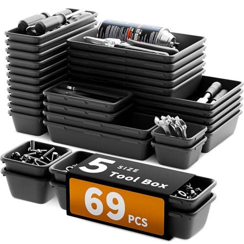 69 PCS & 5 Sizes Tool Box Organizer Trays, Black | Sturdy Plastic Toolbox Drawer Organizer, Interlocking Design, Tool Chest Organizer for Workshop Garage Office Kitchen - color: Black: 69 PCS