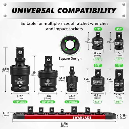 SWANLAKE GARDEN TOOLS 7-Piece Impact Swivel Socket Adapter Set, 1/4" 3/8" 1/2" Drive Universal Joint Socket Set CR-MO Steel, Wobble Joint Sockets Reducer with Magnetic Aluminum Sockets Rail - style: 7-Piece Socket Adapter
