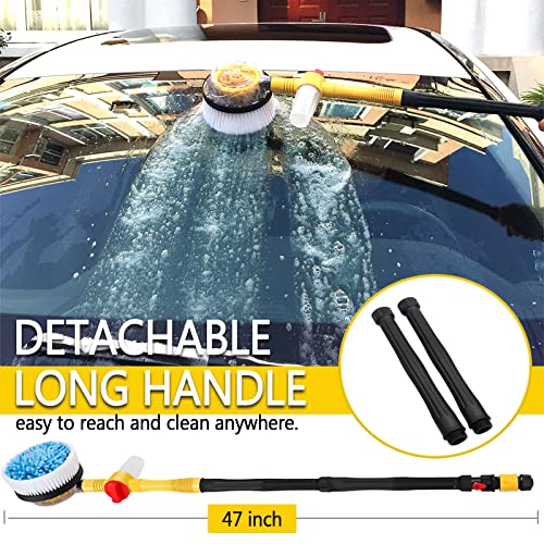 Rotating Car Wash Brush with Soap Dispenser, Automatic Rotary Car Wash Mop Soft Exterior Car Cleaning Brush Kit Garden Hose Flow Through Scrub Brush to Wash Car Truck RV (Long Handle)