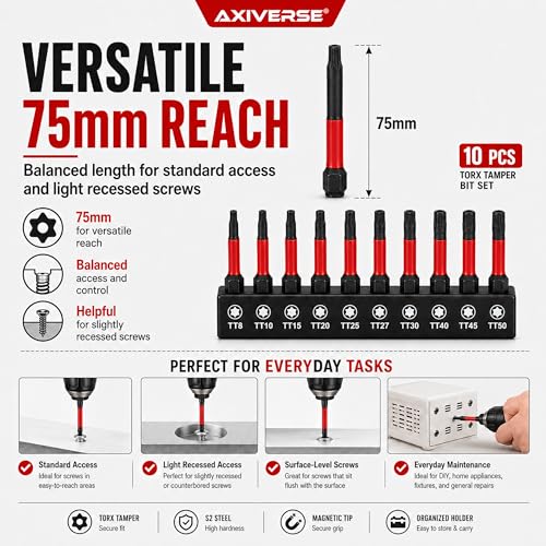 10PCS Security Torx Bit Set TT6-TT40, 3-Inch for Impact Drivers | TT6-TT40 Tamper-Resistant Star Bits, 3 in Long, Magnetic Tips, 1/4 in Hex Shank, Impact-Ready Alloy Steel, Clear Case - size: 3 in