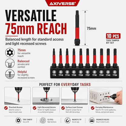 10PCS Security Torx Bit Set TT6-TT40, 3-Inch for Impact Drivers | TT6-TT40 Tamper-Resistant Star Bits, 3 in Long, Magnetic Tips, 1/4 in Hex Shank, Impact-Ready Alloy Steel, Clear Case - size: 3 in