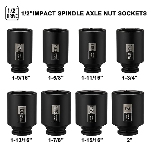 Mayouko 1/2" Drive Spindle Axle Nut Impact Socket Set, CR-MO, 6 Point, 1-9/16",1-5/8",1-11/16",1-3/4",1-13/16",1-7/8",1-15/16",2", SAE, 90mm Length - size: 8PCS:1-9/16" - 2"(Deep)