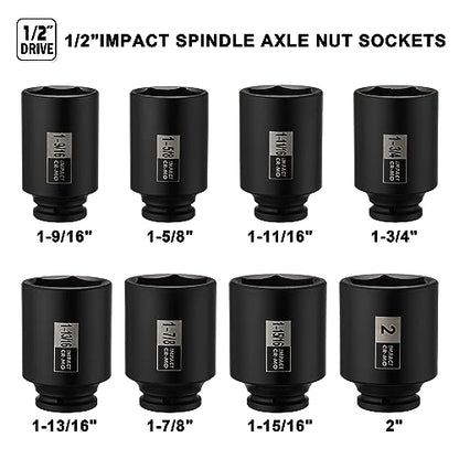 Mayouko 1/2" Drive Spindle Axle Nut Impact Socket Set, CR-MO, 6 Point, 1-9/16",1-5/8",1-11/16",1-3/4",1-13/16",1-7/8",1-15/16",2", SAE, 90mm Length - size: 8PCS:1-9/16" - 2"(Deep)