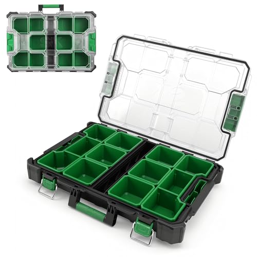 SK 20.5-Inch Small Part Organizer, Stackable Tools Box Organizer with 15 Compartments and Removable Dividers, Transparent Lid, Waterproof & Impact-Resistant Design, for Small Tools and Accessories - size: 20.5-Inch Small Part Organizer