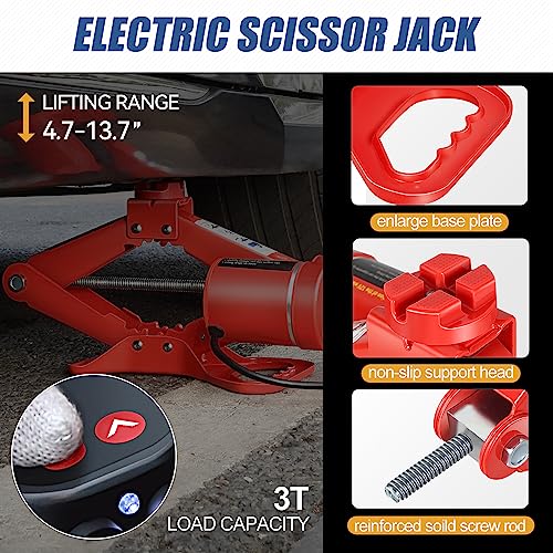 Auto Dynasty Electric Scissor Jack Kit, 3 Ton (6614LBS) Steel Leveling Scissor Car Jacks, Lifting Range 13.7" (Max) to 4.7" (Min) Scissor Lift Jacks with Screw Rod and Powerful Impact Wrench Kit, Red