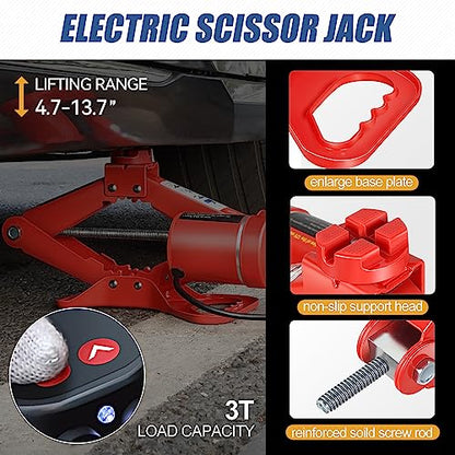 Auto Dynasty Electric Scissor Jack Kit, 3 Ton (6614LBS) Steel Leveling Scissor Car Jacks, Lifting Range 13.7" (Max) to 4.7" (Min) Scissor Lift Jacks with Screw Rod and Powerful Impact Wrench Kit, Red