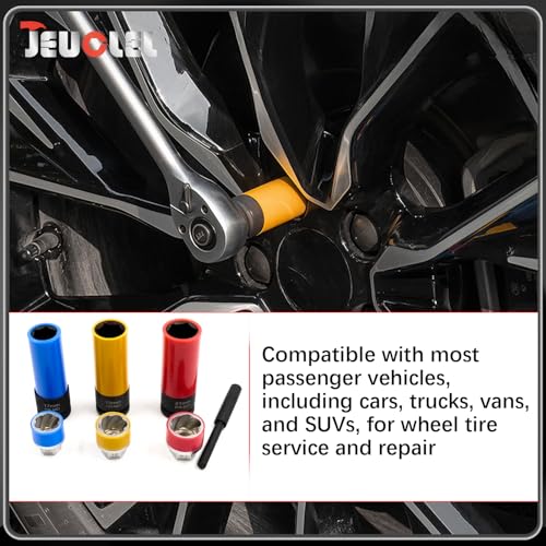 7PCS 1/2" Dr Wheel Protector Impact Socket & Lug Nut Socket Set, 17, 19, 21mm Lug Nut Remover Extractor Tools, 6 Point Non-Marring Lug Nut Thin Wall Deep Socket Wrench, Twist Socket CR-MO
