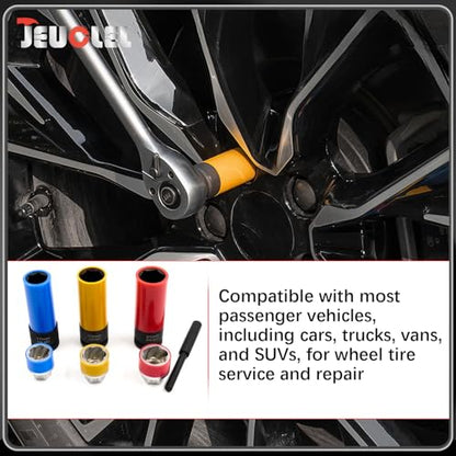 7PCS 1/2" Dr Wheel Protector Impact Socket & Lug Nut Socket Set, 17, 19, 21mm Lug Nut Remover Extractor Tools, 6 Point Non-Marring Lug Nut Thin Wall Deep Socket Wrench, Twist Socket CR-MO