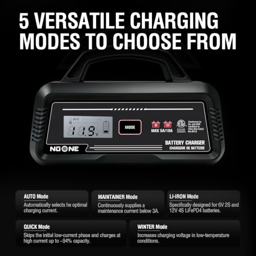 NOONE 5A/10A Smart Battery Charger - 6V/12V Fully Automatic Maintainer | with Winter Mode, Auto Repair and Overheat Protection - Car Trickle Charger for AGM, Gel, Deep Cycle & LiFePO4 Batteries