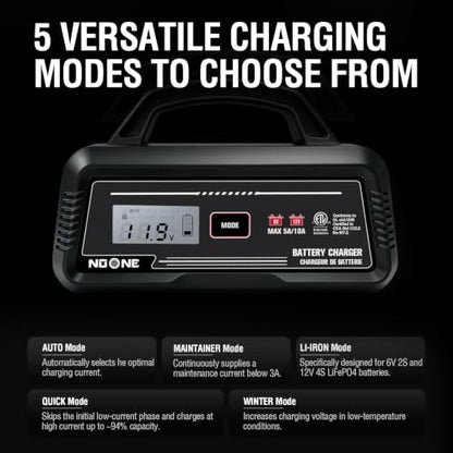 NOONE 5A/10A Smart Battery Charger - 6V/12V Fully Automatic Maintainer | with Winter Mode, Auto Repair and Overheat Protection - Car Trickle Charger for AGM, Gel, Deep Cycle & LiFePO4 Batteries
