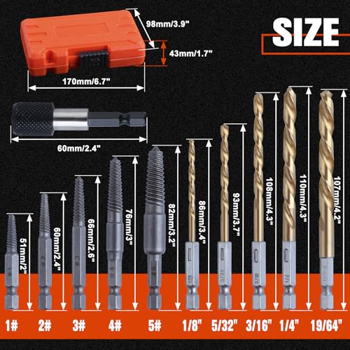 11Pcs Easy Out Screw Extractor Set, Titanium Coating Left Hand Drill Bit and Bolt Extractor Kit with 1/4" Adaptor, Reverse Drill Bit Extractor Set for Rusted Rounded Damaged Nuts Screws