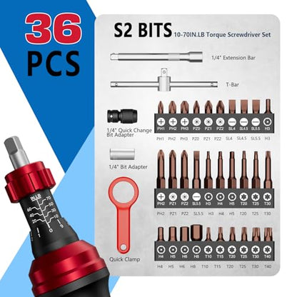 SUERCUP 1/4" 10-70In.lb Torque Screwdriver 36 PCS Set | T-bar, Hex, Torx, and Phillips S2 Bits, Torque Wrench Screwdriver, For Scope and Car, Bike Mounting, Home DIY - size: 10-70In.lb