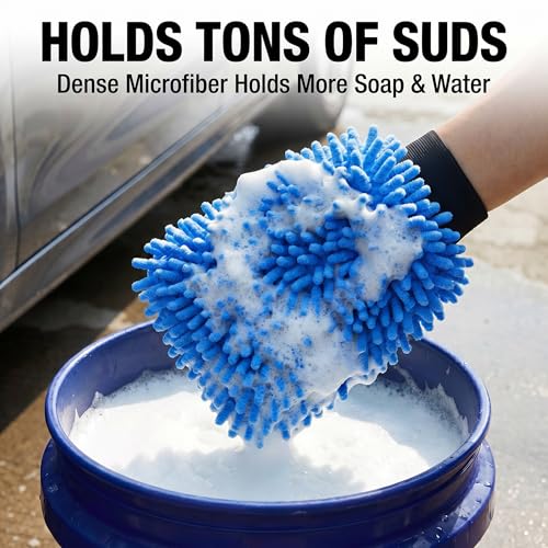 Premium Car Wash Mitt Microfiber - Scratch-Free Lint-Free, Ultra-Soft Chenille Material, (7.1"x9.8") 1 Pack, for Car Washing, Interior & Home Cleaning (Blue) - color: Blue
