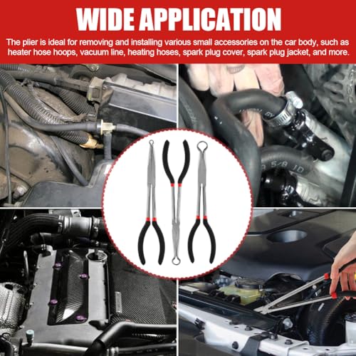 3PCS 11" Long Reach Hose Grip Pliers Set,Hose Gripper Pliers Kit,0.35/0.55/0.75in Long Reach Plier O-shape Tip Serrated Jaws,Offset Spark Plug Boot Removal Tool
