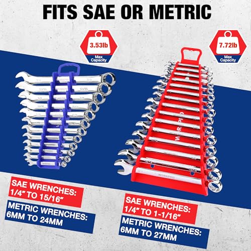 WORKPRO 4-Pack Magnetic Wrench Organizer,15-Slot and 12-Slot Gripper Holder | for Tool Boxes, Flexible Gripping Teeth and Carrying Handle, Fit for SAE and Metric, Blue, Red - style: Gripper Wrench Organizer(4PC)