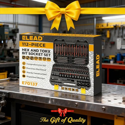 112-Piece Torx and Allen Bit Socket Set, 1/4", 3/8",1/2" Drive Bit Socket Set with Ratchet Wrench, Adapters, Extra Long & Tamper Proof torx/Hex/Ball End Hex/E-torx, SAE & Metric
