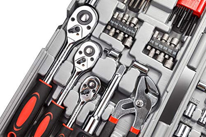 CARTMAN 205-Piece Ratchet Wrench Tool Set, SAE/Metric Socket Kit Carry Case | Professional ratchet wrench and socket assortment for car jobs, mechanics, DIY projects, home fixes, and general maintenance. - style: 205 PC