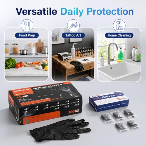 ANBOSON Nitrile Gloves with 5 Pair Travel Package, Disposable Gloves, XL - color: Black of 110, size: X-Large