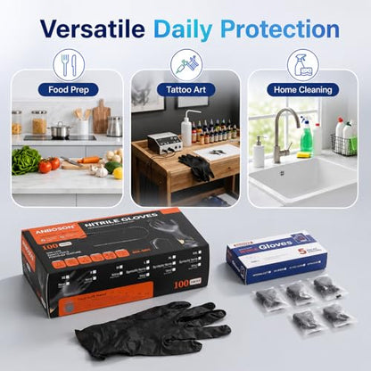 ANBOSON Nitrile Gloves with 5 Pair Travel Package, Disposable Gloves, S - color: Black of 110, size: Small
