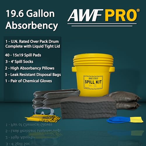 AWF PRO 20 Gallon Universal Spill Kit, 59 Pieces | Includes DOT Approved 20 Gallon Drum, Sorbent Socks, Pads, & Pillows, & Accessories - size: Universal Spill Kit