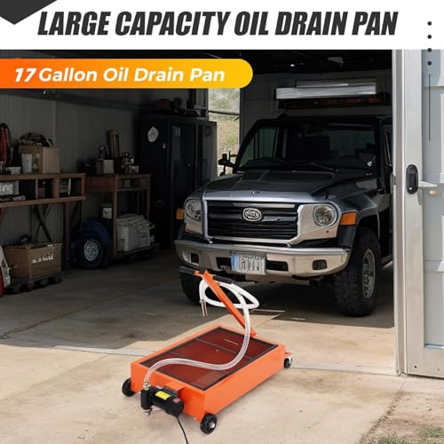 PeakPursuit 15 Gallon Oil Drain Pan with Pump-Electric Rolling Oil Drain Cart with 8Ft Hose, Folding t-Handle & Caster Wheels, for Semi Truck, SUVs and Cars