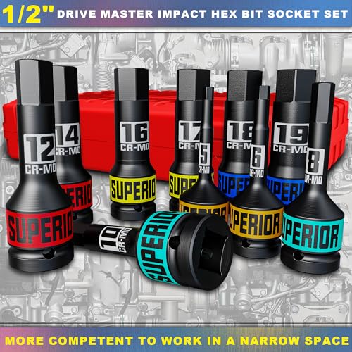 1/2" Drive Master Impact Hex Bit Socket Set, Metric, 10 Pieces 1/2" Drive Impact Allen Bit Socket Set, 5mm - 19mm, Cr-Mo Steel, Heavy Duty Storage Case - size: 1/2" Hex Metric