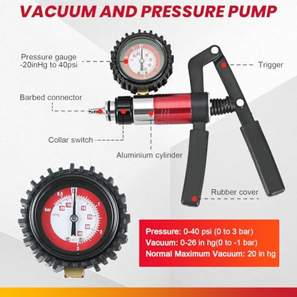 DASBET 21PCS Hand Held Vacuum Pressure Pump Tester Set 2 in 1 Brake Bleeder Kit Brake Clutch Fluid Bleeder Tool Kit for Automotive with Gauge Adapters Brake System Bleeding Tools