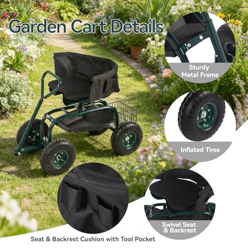 Kinfant Garden Seat with Ergonomic Backrest – Rolling Garden Stool with Height Adjustable & 360° Swivel Seat with Wheels, Gardening Cart Bench, Tool Storage, for Yard, Patio Green - color: With Backrest-green