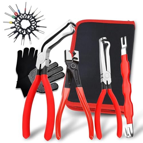 4 Piece Automotive Electrical Disconnect Pliers Kit, High-Carbon Steel Connector Separator Tool with Straight & 60° Tips, Hose Clamp Plier & 18pcs Pin for Cars SUVs Fuel Line Repair (Storage Box)