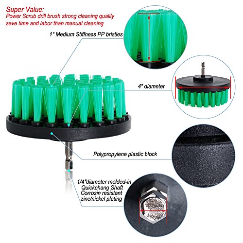 HIFROM Drill Brush - 4 inch Power Drill Attachment Medium Duty Scrubbing Stiffness Scrub Cleaning Brush for Bathroom Surfaces Tile Grout Showers Hard Water Stains Rust Mineral Marble Grout - color: Green