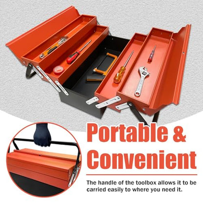 YATOINTO Metal Cantilever Tool Box, 18" * 8" * 8" Fold Out Tool Organizer with 3 Layers & 5 Trays, Portable Storage for Home, Studio, Auto Repair & Factory (Orange)