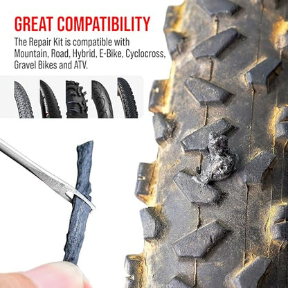 PRO Bike Tool Tubeless Bike Tyre Repair Kit – for MTB and Road Bicycle Tyres – Fix a Puncture or Flat, Fast – Tackle Set Includes Storage Canister, Plugger Tool and Plugs - color: Red