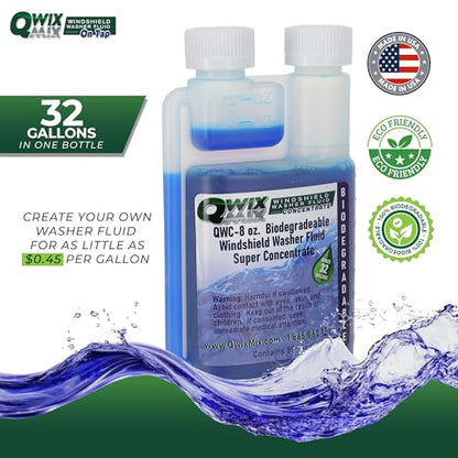 Qwix Mix Windshield Washer Fluid Concentrate, 1 Bottle Makes 32 Gallons, 1/4 oz. Makes 1 Gallon 100% Biodegradable - color: blue