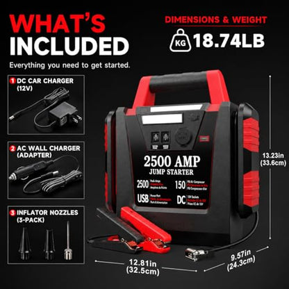2500A Peak Car Jump Starter with 150PSI Air Compressor, 12V Battery Jump Box for Car, Truck, SUV (Up to 8.0L Gas/Diesel Engines), 20000mAh Portable Power Pack with DC/USB, 500LM Work Light