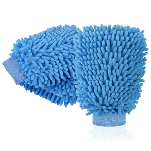 3 Pack Chenille Microfiber Car Wash Mitt, 7" x 9.6", Blue | Car Washing Mitts, Home Dusting Gloves, Scratch Free Lint-Free, Highly Absorbent, Double Sided, for Cleaning Detailing Polish - color: Blue