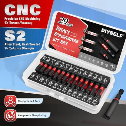 DIYSELF 29 PCS Torx Bit Set, Torx Bits for Impact Driver, T5-TT40 | S2 steel security star bits with magnetic holder and 1-inch and 2-inch lengths for auto and electronics repair