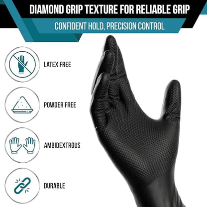 10 Mil Black Nitrile Disposable Gloves 100 Count – Ultra Heavy Duty Diamond Grip Latex Mechanic Gloves (M/L) - size: Large