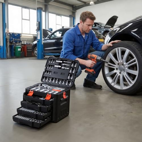 VEVOR 297 PCS Mechanic Tool Set with 4-Drawer Tool Box 1/4" 3/8" 1/2" Drive | SAE & Metric Socket Set, Car and Motorcycle Tool Kit with Combination Wrenches, Bits, Ratchets, Spark Plug Sockets - size: 1/4"&3/8"&1/2", style: 297 PCS