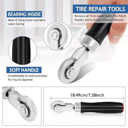 33 Pcs Tire Patch Roller Kit, Tire Rubber Repair Patch Kit with Roller Scraper Heavy Duty Tire Tube Patch Kit (32mm/ 42mm/ 58mm) Portable Tire Repair Tools for Car Truck Tractor Off Road Bike Grinding