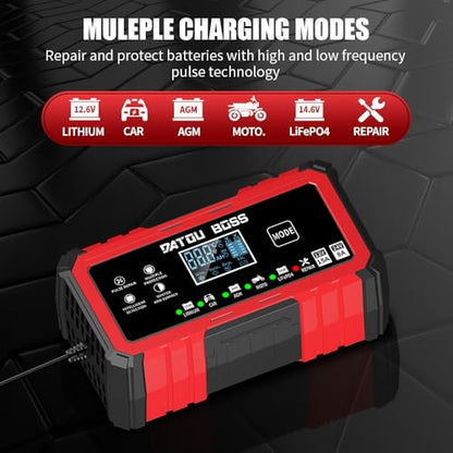 DATOUBOSS 12V 15A 24V 8A Battery Charger Automotive, Smart Portable Car Battery Charger Maintainer with Pulse Repair, Trickle Charger for LiFePO4 Lithium AGM Gel Lead-Acid Marine Boat RV Truck