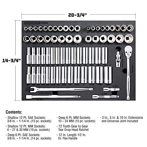 Powerbuilt Master Socket 69 Piece Set, 1/2 Drive, SAE and Metric, 6 and 12 Point, Deep Sockets, Extension Bars, Ratchet - 949006 - size: 1/2-Inch, style: 69 Piece Socket and Ratchet