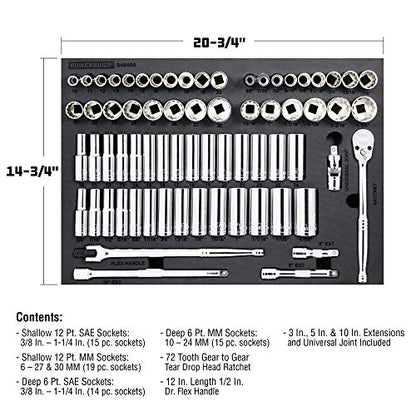 Powerbuilt Master Socket 69 Piece Set, 1/2 Drive, SAE and Metric, 6 and 12 Point, Deep Sockets, Extension Bars, Ratchet - 949006 - size: 1/2-Inch, style: 69 Piece Socket and Ratchet