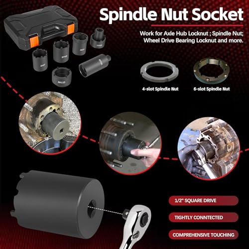 Sunluway 6 Pcs Spindle Nut Socket Set 41660D 4WD Axle Hub Lock Nut Socket Spindle Remover 1/2” Drive for Ford F250 F350 Dana 44/50/60, Toyota, GM Chevy, and Dodge, Lug Out Spindle Nut Socket Set