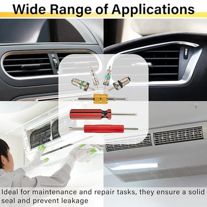 39 PCS Air Conditioning Valve Core Accessories Kit, R12 R134a Refrigeration Schrader Tire Valve Stem Cores with Single & Dual Heads Valve Core Remover Installer Tool, HVAC System Seal Caps Kit