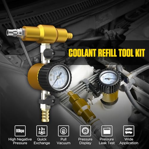 Coolant Refill Tool Kit – Pneumatic Vacuum Coolant Filler with Pressure Gauge & 3 Adapters, Radiator Cooling System Purge & Fill Set, Vacuum Leak Test & Air-Free Refill for Cars Trucks SUVs