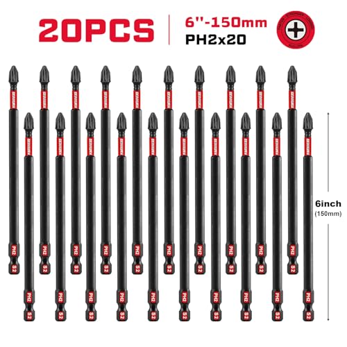 Geinxurn Impact Tough #2 Phillips 6 in. Insert Driver Bits,20Pack Bulk PH2 Screwdriver Bits Set - size: 6"-PH2-20PCS