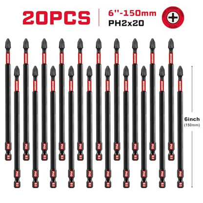 Geinxurn Impact Tough #2 Phillips 6 in. Insert Driver Bits,20Pack Bulk PH2 Screwdriver Bits Set - size: 6"-PH2-20PCS