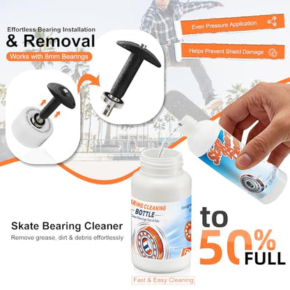 Skate Bearing Cleaning Kit – Portable Complete Bearing Maintenance System with Cleaning Bottle, 200ml Cleaner, 100ml Lubricant Oil, Bearing Press Puller & T Tool for Skateboard & Roller Skates