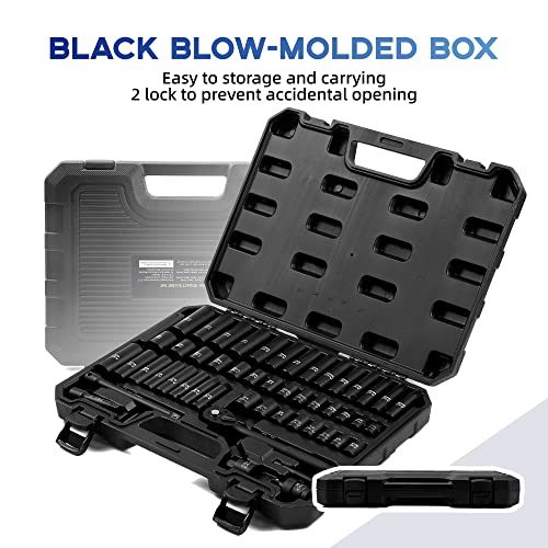 Reniteco 50-Piece 3/8" Drive Socket Set, SAE (5/16"-3/4") & Metric (8mm-22mm), Deep & Shallow, 72-Tooth Ratchet Wrench, Extension Bars, 1/2" F to 3/8" M Reducer, Universal Joint & Power Drill Adapter - size: 3/8" 50 PCS SAE & Metric