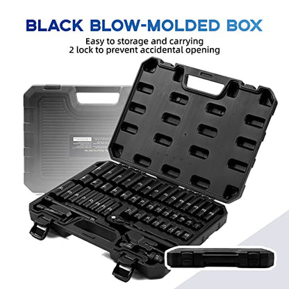Reniteco 50-Piece 3/8" Drive Socket Set, SAE (5/16"-3/4") & Metric (8mm-22mm), Deep & Shallow, 72-Tooth Ratchet Wrench, Extension Bars, 1/2" F to 3/8" M Reducer, Universal Joint & Power Drill Adapter - size: 3/8" 50 PCS SAE & Metric